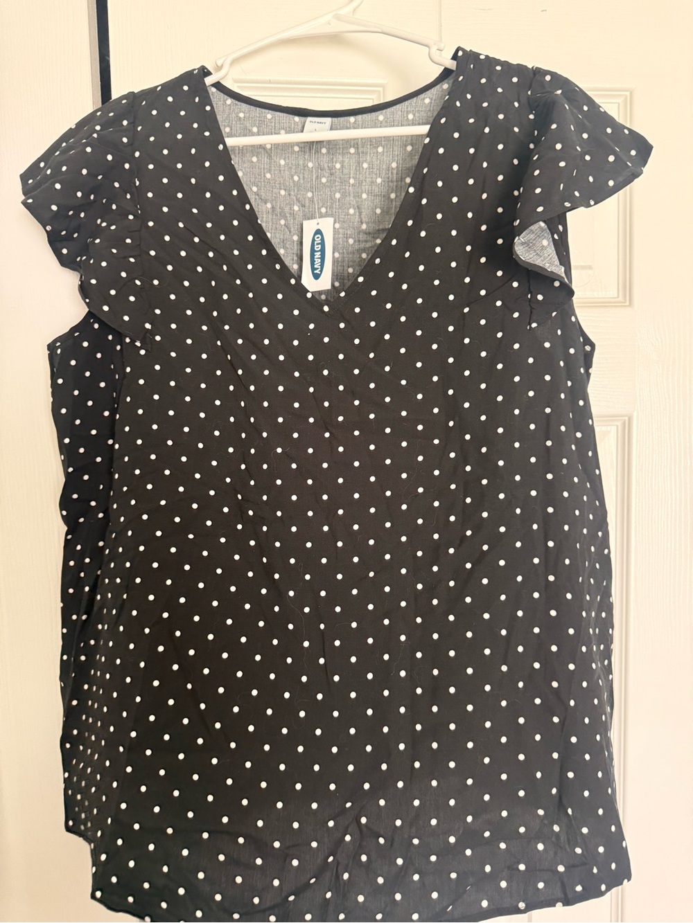 Old Navy Black and White Polka Dot V-Neck Ruffle Sleeve Top